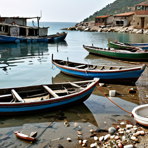 Home 15 **
A collapsed fishing village on the Turkish coast, partially submerged by rising sea levels. Dilapidated boats are scattered, reflecting the economic devastation of the fishing industry. Focus on the emotional impact of loss and displacement.
**