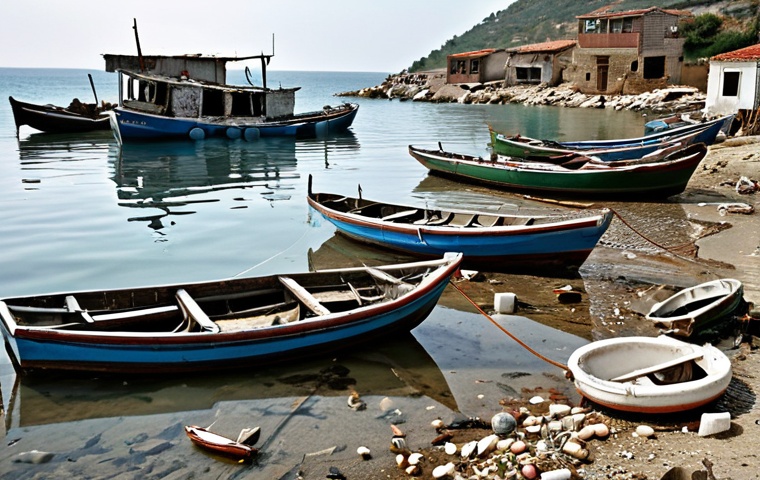 **

A collapsed fishing village on the Turkish coast, partially submerged by rising sea levels. Dilapidated boats are scattered, reflecting the economic devastation of the fishing industry.  Focus on the emotional impact of loss and displacement.

**