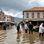 **"A flooded marketplace in a coastal Turkish town. Water is ankle-deep, vendors are trying to salvage their goods, a mix of modern and traditional Turkish architecture is visible in the background. Overcast sky, realistic painting style."** (This evokes the direct economic impact on local businesses.)