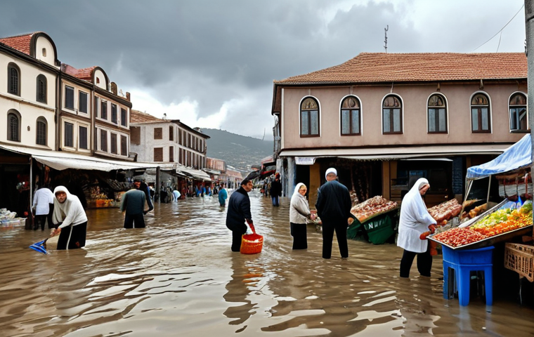 **"A flooded marketplace in a coastal Turkish town. Water is ankle-deep, vendors are trying to salvage their goods, a mix of modern and traditional Turkish architecture is visible in the background. Overcast sky, realistic painting style."** (This evokes the direct economic impact on local businesses.)