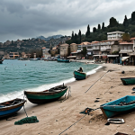 **

"Coastal fishing village in Antalya, Turkey, showing effects of sea level rise: receding beach, fewer boats, struggling fisherman (Ali) with nets. Gloomy atmosphere, businesses struggling."

**