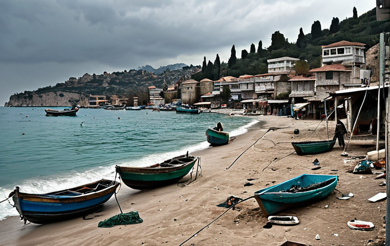 **

"Coastal fishing village in Antalya, Turkey, showing effects of sea level rise: receding beach, fewer boats, struggling fisherman (Ali) with nets. Gloomy atmosphere, businesses struggling."

**
